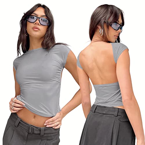 Arkim Top Dos Nu Femme [Matériaux Améliorés] Y2K Backless Top T-Shirts, Sexy Haut Dos Nu Tops Femme Ete, T-Shirts à Manches Courtes Femme Style Réversible(Gris Clair,S)