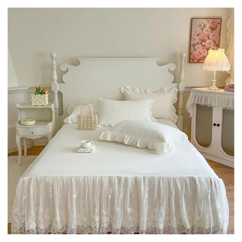 Romántica Falda de Cama algodón Lavado, Juego 3 Piezas, Funda colchón Encaje sólido, Dormitorio en casa(White,150x200cm)