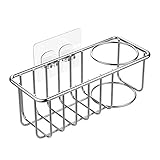 Adhesive Sponge Holder + Brush Holder, 3-in-1 Sink Caddy, SUS304 Stainless Steel Rust Proof Water Proof, No Drilling