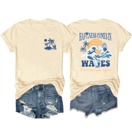 Hawaiian Shirts Womens Beach Vacation Tropical Palm Trees Graphic Tshirt Summer Short Sleeve Tee Tops Apricot