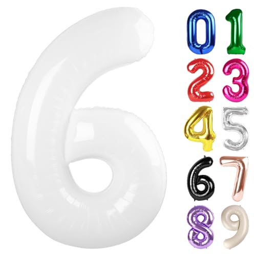 6 Balloon - White Birthday Number Balloons, 40 Inch Decorations Men Women