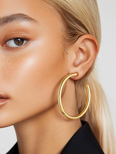 Image of Stainless Steel Chunky Hoop Earrings For Women, Minimalist and Chic, Black /Gold Plated, Round Hoops Earrings Hypoallergenic, Size: 30mm /40mm /60mm /80mm, Come with Box