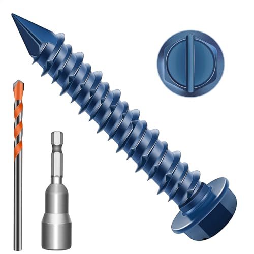 Zynthor 5.5 x 32mm Concrete Screws, 50 Pcs Blue Hex Washer Head Concrete Screws Anchor Kit with Drill Bit and Hex Bit Socket, for Masonry, Cement, Block, Brick or Stucco