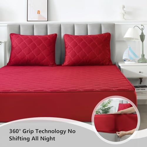 Waterproof Mattress Protector - Queen Size Mattress Pad Silent & Fitted Sheet Style | Full Bed Protection for Kids, Pets, Adults | Hypoallergenic, Machine Washable (Red, Queen) — view 4