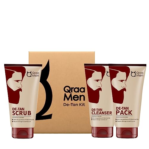 Qraa Men De-Tan Kit For Instant Tan Removal | For Skin Lightening & Brightening | Dirt & Blackhead Removal |Tan Removal Face Cleanser, Scrub & Pack | 320gm (Pack of 3)
