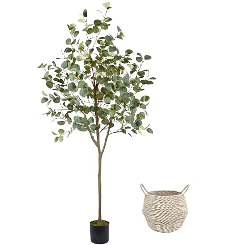 Warmplants Artificial Eucalyptus Tree, 6ft Tall Fake Eucalyptus Plant with Basket, Green Silver Dollars Silk Leaves Faux Tree for Home Office Livingroom Floor Decor Indoor