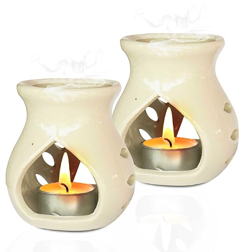 Image of Pure Source India Ceramic Clay Oil Burner Aroma Diffuser (White) Set of 2