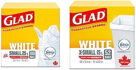 Glad White Garbage Bags - Small 25L + X-Small 15L - Febreze Fresh...