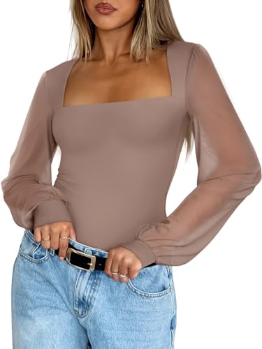 Image of PINKMSTYLE Women's Square Neck Double Lined Mesh Long Sleeve Bodysuits | Sheer Puff Sleeve Body Suit,Slim fit Trendy Going Out Tops,Concert Outfit