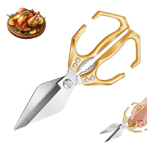 Multifunctional Heavy Duty Kitchen Shears 2 in 1 Scissors Tool with Walnut Cracker All Purpose Ergonomic Handle Stainless Steel Heavy-Duty Cooking Shears for Food Poultry Meat Fish Cutting (Golden)