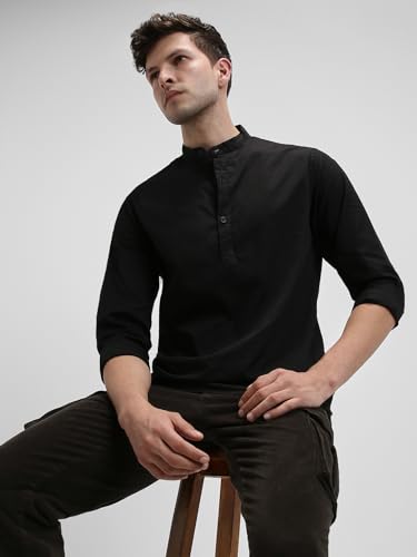 Image of Dennis Lingo Men's Cotton Solid Slim Fit Mandarin Collar Full Sleeves Casual Shirt