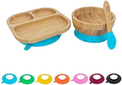 Tiny Dining Children's Bamboo Tableware Feeding Set - Plate Bowl Spoon with Stay Put Suction - Blue