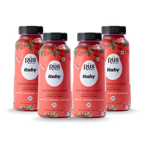 Image of Rus Organic Ruby Juice | Pomegranate Fruit + Kokum Juice Without Sugar | Pack of 4 (250ml Each) | Natural, No Added Preservative | Cold Pressed | Immunity Support