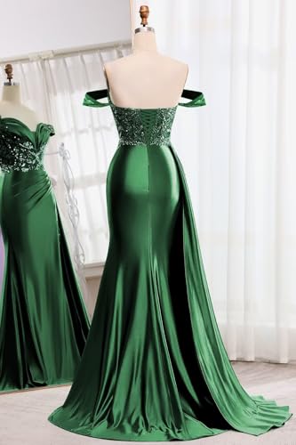 Image of Homdor Off Shoulder Satin Prom Dresses Long 2026 Beaded Formal Dresses Pleated Evening Party Gown with Slit Tail