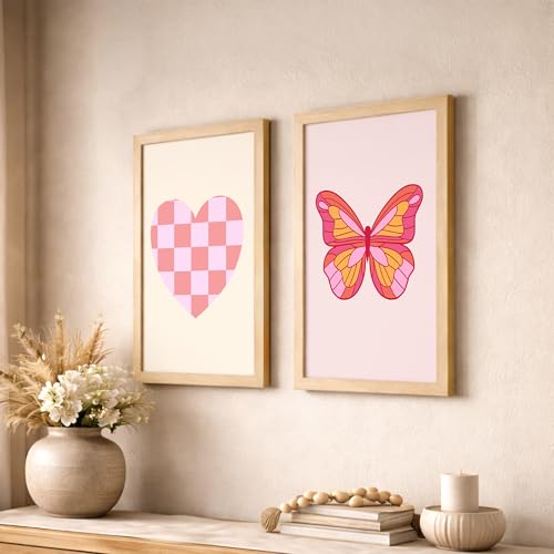 Image of NoWorries Pink Aesthetic Heart & Butterfly Wall Art Framed Painting Set | Cute Minimal Art Prints | Premium 300 GSM Paper Print with Synthetic Wooden Frame | Modern Wall Decor for Bedroom, Living Room, Girls Room & Studio (Set of 2) (NATURAL, ART-3, 10X13INCHES)