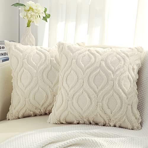 decorUhome Decorative Throw Pillow Covers 20x20, Soft Plush Faux Wool Couch Pillow Covers Set of 2, Beige