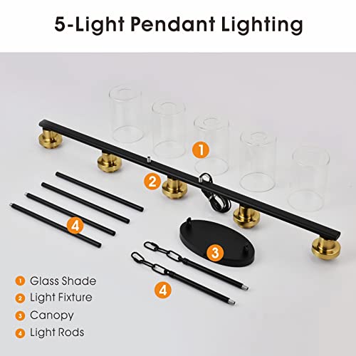 Kpiok Island Light For Kitchen, 5-Light Dining Room Light Fixture With Clear Glass Shade, Matte Black And Gold Finish Kitchen Island Pendant Lighting For Dining Table Kitchen Island Living Room #TOP5