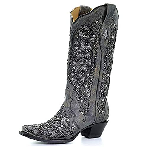 Heelchic Women Glitter Inlay Rhinestones Cowboy Cowgirl Boots Embroidered Mid Calf Western Boots #TOP10