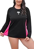 Halcurt Women's Plus Size Long Sleeve Rash Guard Swim Shirt with Built in Bra Lightweight UPF50+ Quick Dry Swimsuit Top Pink 3X