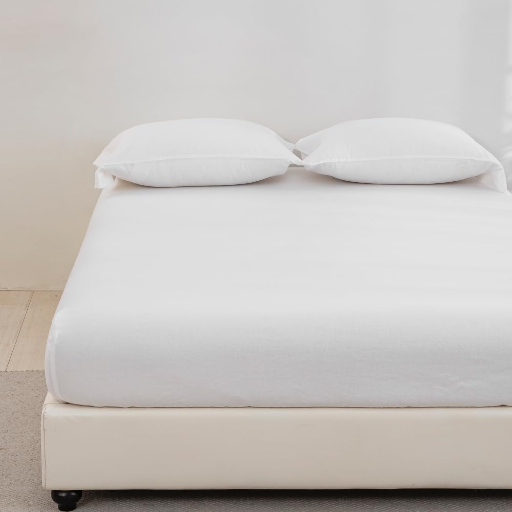 DAUAOTO King Size Linen Blend Sheets Set, 55% Linen 45% Cotton Bedding Sets, Bedlinen Up to 16" Deep, White