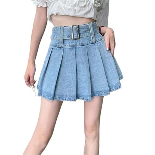Jupes courtes en denim pour femmes avec ceinture ajustable et plis permanents haute tenue