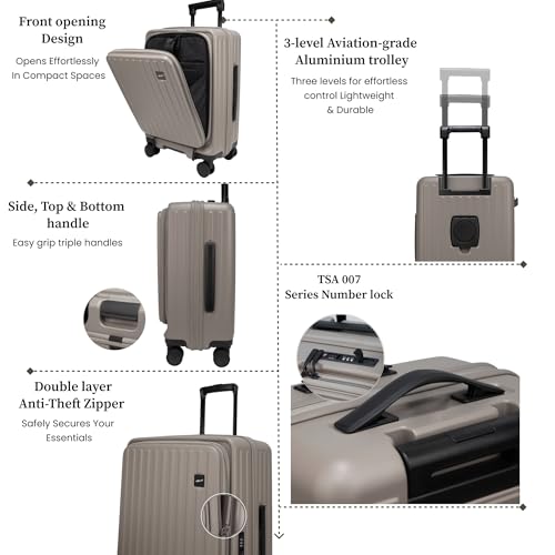 Image of F Gear Montreal Small Cabin Pro 54cm German Polycarbonate Hard Luggage |8 Japanese Hinomoto Silent Wheels|USB & Type-C Charging, Phone Stand & Cup Holder | Front Opening Suitcase for Travel|Taupe
