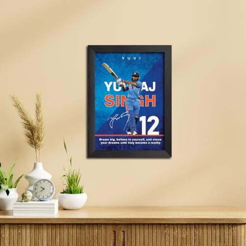 Image of TenorArts Yuvraj Singh Poster with Quotes Indian Legend Cricket Player Photo Frame Painting with Matt Finish Black Textures (12 inches x 9inches)