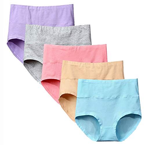 Anntry Slip de Coton Doux pour Femmes sous-vêtements Respirant Couleur Unie Taille Haute Couverture complète Dames Culotte Multipack (XL, 5Couleurs) Cover