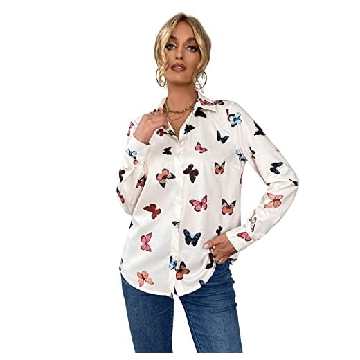 SweatyRocks Women's Chiffon Sexy Leopard V Neck Long Sleeve Blouse Shirt Tops White Butterfly L