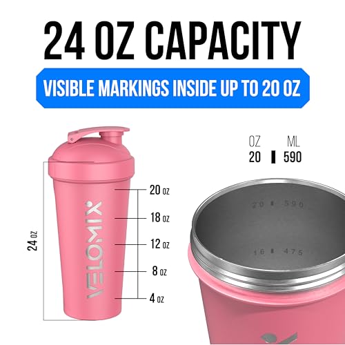 Image of VELOMIX 24 oz Stainless Steel Shaker Bottle with Wire Whisk - Leakproof, No Clumps, Odor Resistant Metal Shaker Bottle, Shaker Cups for Protein Shakes, Pre Workout and Smoothie (Pink)