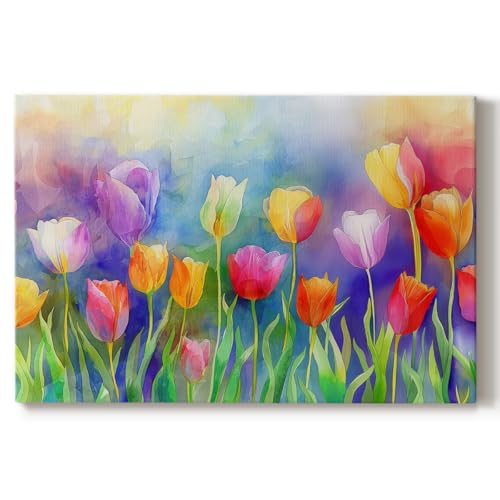 Renditions Gallery Wall Art Paintings & Prints Floral Abstract Vibrant Tulips Canvas Wall Hangings for Lounge Drawing Room Balcony - 12"x18" LT570