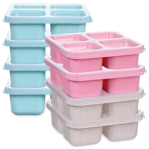 8 Pack 4 Compartment Snack Containers, Bento Snack Containers with Divided Sections, 4 Compartment Food Container, Meal Prep Lunch Box for Camping, Work, Travel (3 Colors, 6.5 x 6 x 2.16 Inches)