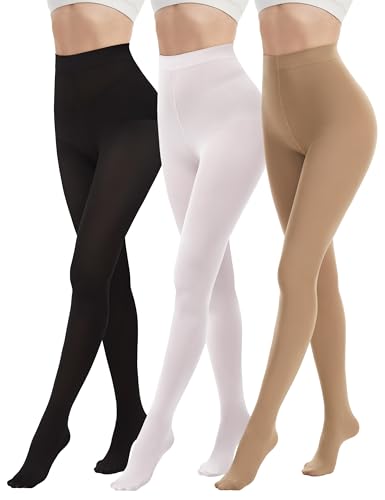 DDOBB 3 Pairs 80D Tights for Women Opaque Black High Waisted Stockings Womens Footed Pantyhose with Reinforced Toe Black/White/Nude Small-Medium