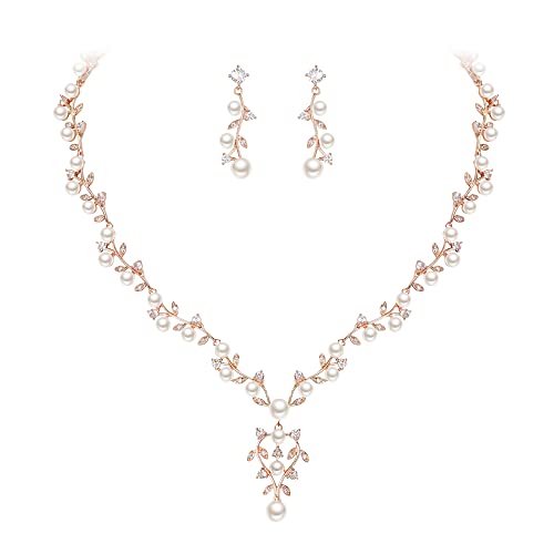 White Faux Pearl Leaf Vine Bridal Cubic Zirconia Jewelry Set for Women
