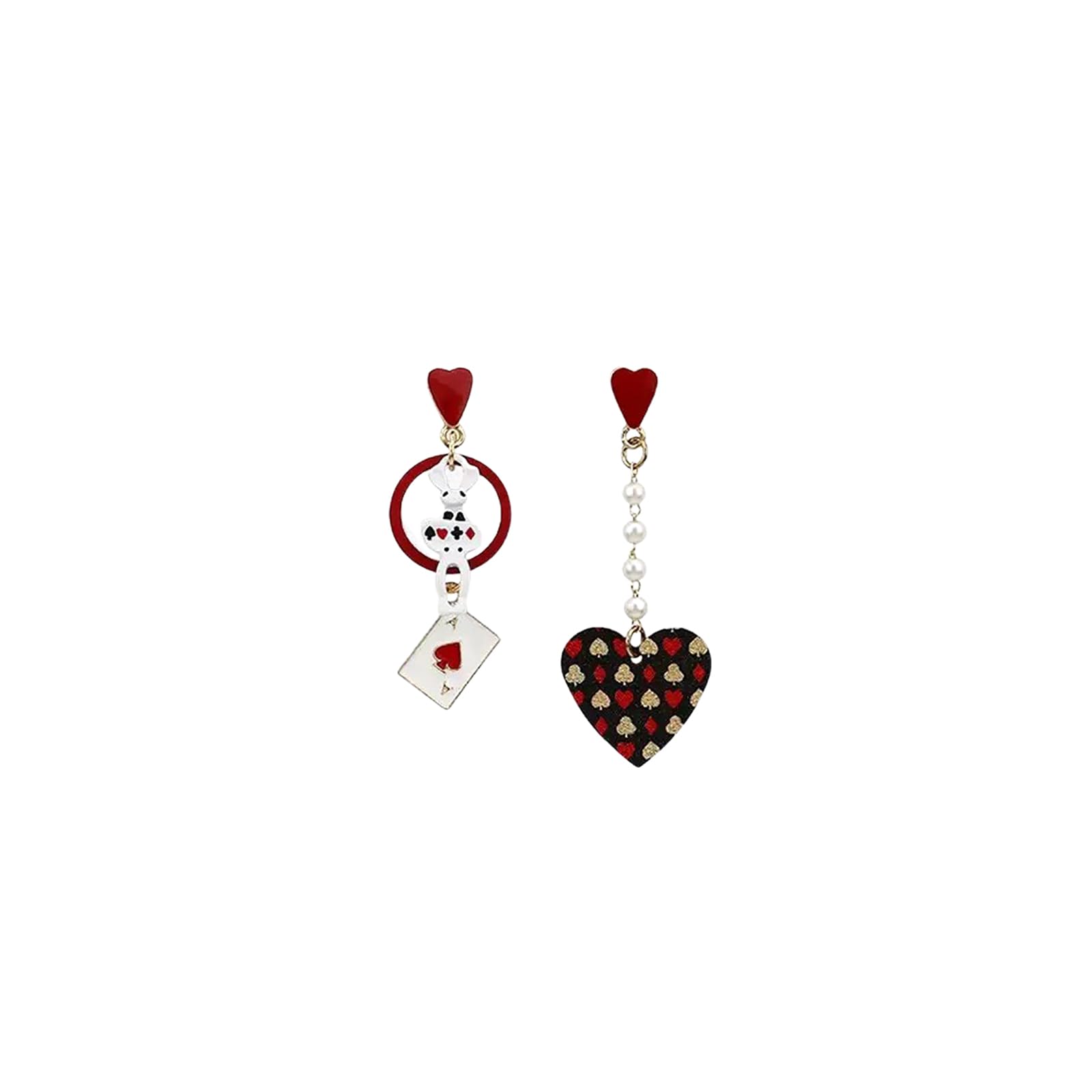 Queen of Hearts Earrings for Women Asymmetric Clock Poker Rabbit Dangle Earrings Red Heart Poker Drop Earring Queen of Hearts Costume Accessories Trendy Jewelry for Women