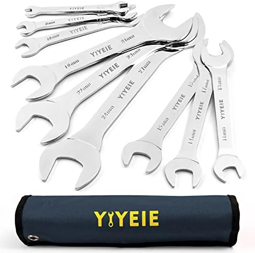 YIYEIE Super-Thin Open End Wrench Set, 9-Piece Metric, 5.5, 7, 8, 9, 10, 11, 12, 13, 14, 15, 16, 17, 19, 21, 22, 23, 24, 27 mm, CR-V Steel, Slim Wrench Set with Roll-up Pouch