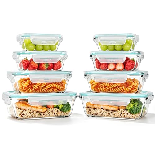 HAUSVIVO Lot de 8 Boîtes Alimentaires en Verre avec Couvercle | Récipients Hermétiques en Verre Borosilicate | Étanches & Empilables | Pour Congélateur,...