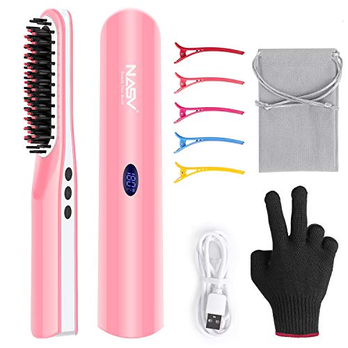 DOMAVER Beard Straightener Brush, Cordless Beard straightening Comb, Portable USB Rechargeable LCD Display Anti Scald Electric Heated Beard & Hair Ionic Straightener Brush for Men & Women - Pink