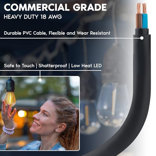 LUXRITE 24FT LED Outdoor String Lights, Commercial Grade Waterproof, 12 Edison S14 Shatterproof Bulbs, IP65, Decorative Hanging for Patio, Backyard, Garden, Cafe, Balcony - Thumbnail 4