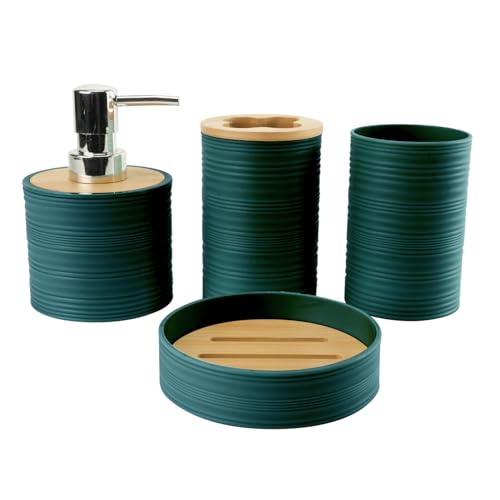 Hosoncovy 4 Pcs Bathroom Container Set Bathroom Accessory Set with Soap Dispenser, Bathroom Cup, Soap Dish ,Toothbrush and Toothpaste Holder (Dark Green)