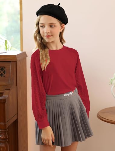 Image of Yekaty Girls Shirts Casual Solid Color Crewneck Blouses Soft Long Sleeve Swiss Dots Chiffon Tops