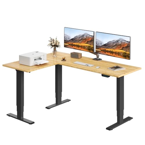 Image of FLEXISPOT 71 inch Reversible L-Shaped Bamboo Standing Desk, Triple Motor Electric Height Adjustable Corner Desk, 3-Stage Legs, 330 lb Capacity, Sit Stand Desk for Executive Home Office, Black Frame