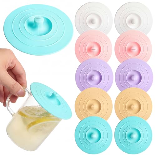 Boao 10 pcs Silicone Cup Covers for Drinks 4 Inch Anti-dust Silicone Cup Lids with Spoon Holder for Coffee Tea Mug Glass Airtight Seal Lids, 5 Bright Colors (Vivid)
