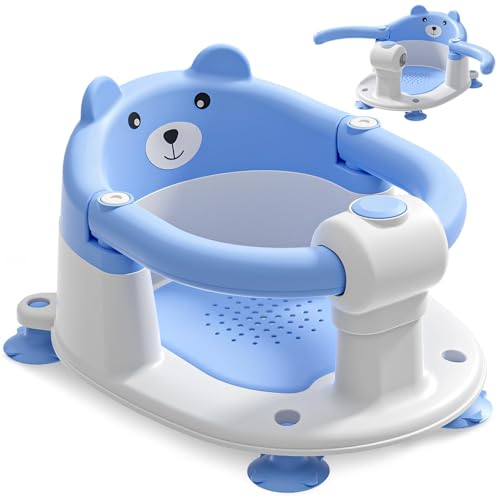 EzyWay Baby Bath Seat for Babies 6 Months & Up, Toddler Bath Seats for Babies Sitting Up, Non-Slip Infant Bath Tub Chair with 4 Suction Cups & Soft Cushion for Shower (Blue)