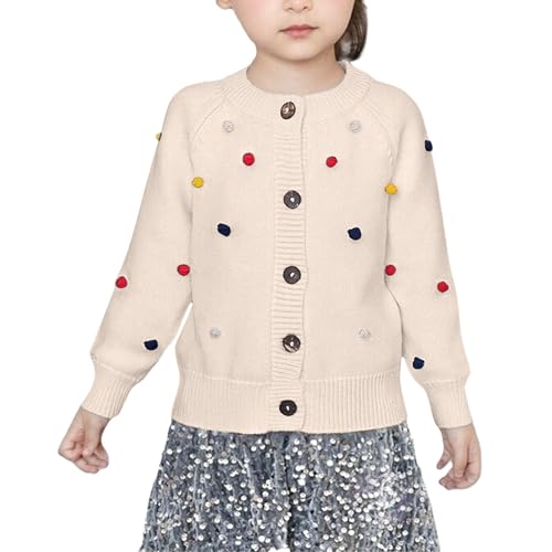 Kids Knit Cardigan Sweater with Colorful Pompom Cute Warm Long Sleeve Button Down Knitwear Jacket (Beige, 18-24 Months)