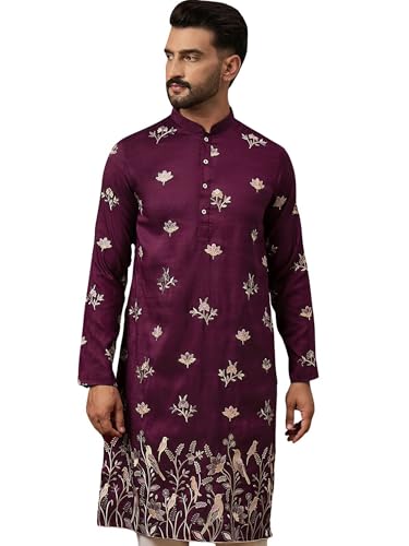 Image of Men's Calf Length Silk Blend Embroidered Solid Kurtas | Men | Kurtas for Mens | Straight Fit Kurta for Men's