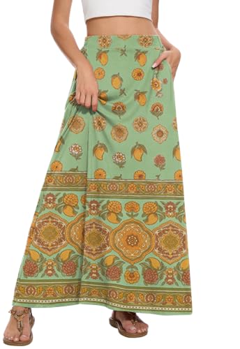 Image of Womens Maxi Skirt Long Flowy Summer A-Line High Waist Skirts | Elastic Waistband with Pockets, Lightweight Fabric, Casual Wear, Swing beach boho Outfits, Fashion Clothes