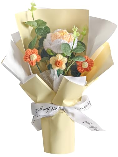 POPUPARTY Crochet Flowers Bouquet 4PCS, Handmade Knitted Artificial Crochet Flower Gifts - Roses Daisies, Preserved Flowers for Mother's Day Valentine's Day Birthday Home Decro- Yellow