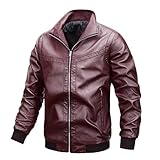 Gsywaipei Herren Ledermantel mit Reißverschluss, warm, mit Pelzkragen, für Motorradfahrer, Wintermantel mit Fleecefutter, Weinrot 2, M