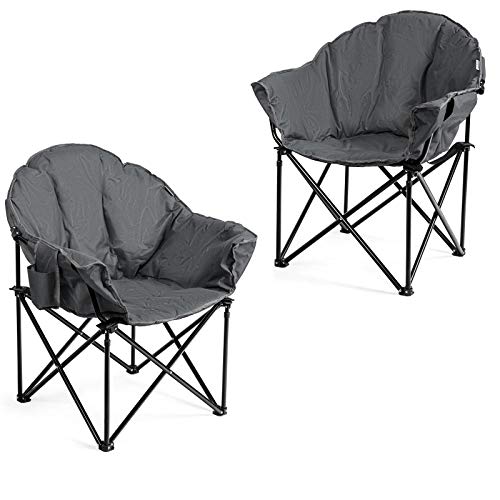 Giantex Set of 2 Folding Camping Chairs, Portable Moon Saucer Chairs with Soft Padded Seat, Cup Holder and Carry Bag, Outdoor Furniture for Picnic Lawn (Grey)